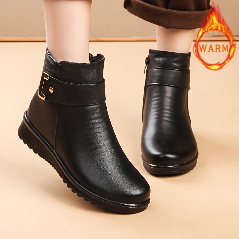 Women's Winter Snow Boots Faux Leather Round Toe Zipper Flat Block Heel Waterproof Non-Slip