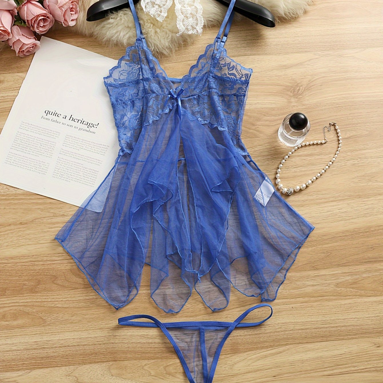Women’s Sheer Mesh Lingerie Set with Knit Polyester Slip and Tulle Nightdress