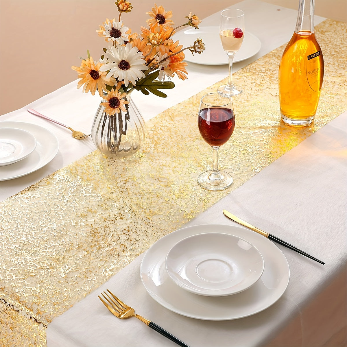 5pcs Gold Polyester Fiber Organza Glitter Metal Mesh Table Runners for Wedding Bridal Shower Birthday Party Decor