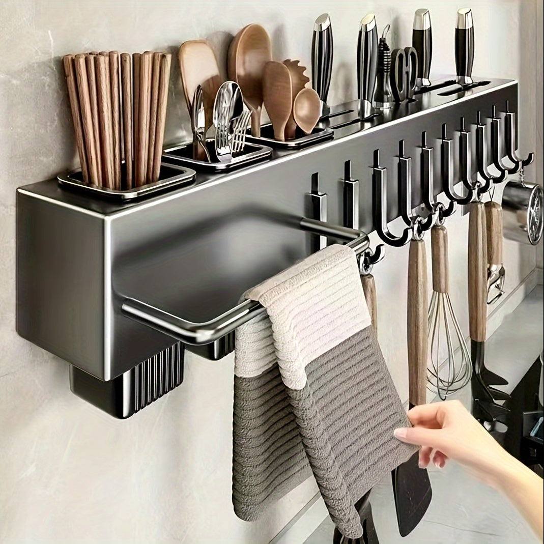 Wall-Mounted Carbon Steel Kitchen Organizer with Drainage and Towel Holder