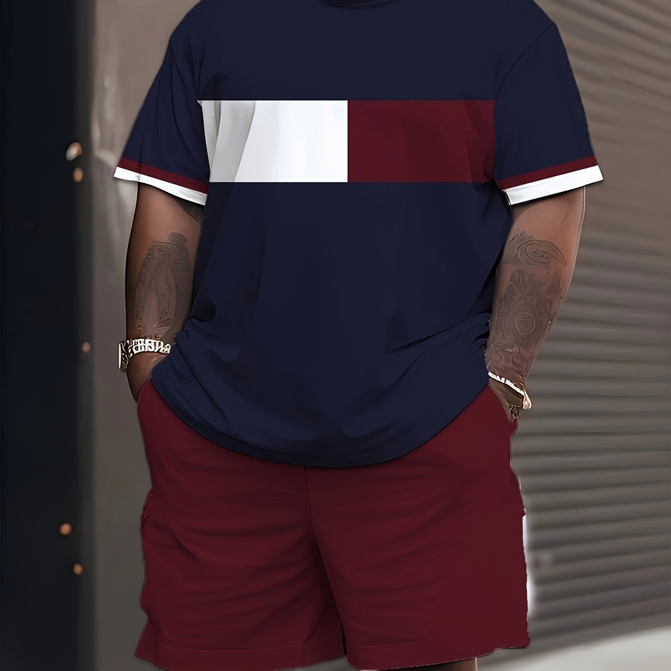 Plus Size Men's Color Block T-Shirt Set Casual Sports Polyester