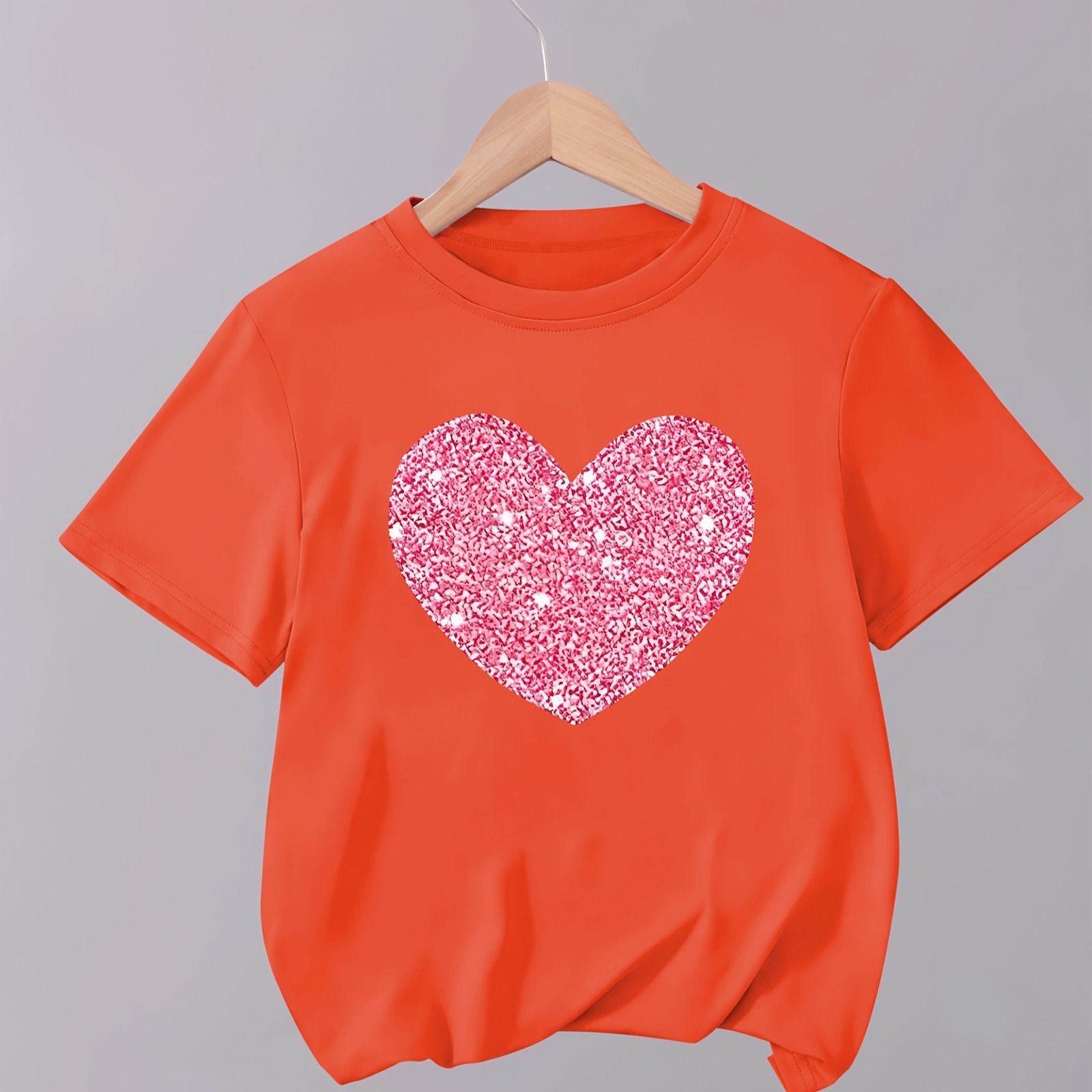 Girls' Orange T-Shirt with Pink Heart Design Short Sleeve Casual Summer Kids Clothing