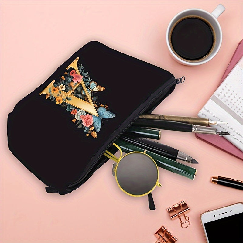 Women's Black Makeup Bag with Butterfly and Flower Pattern for Organizing Beauty Essentials