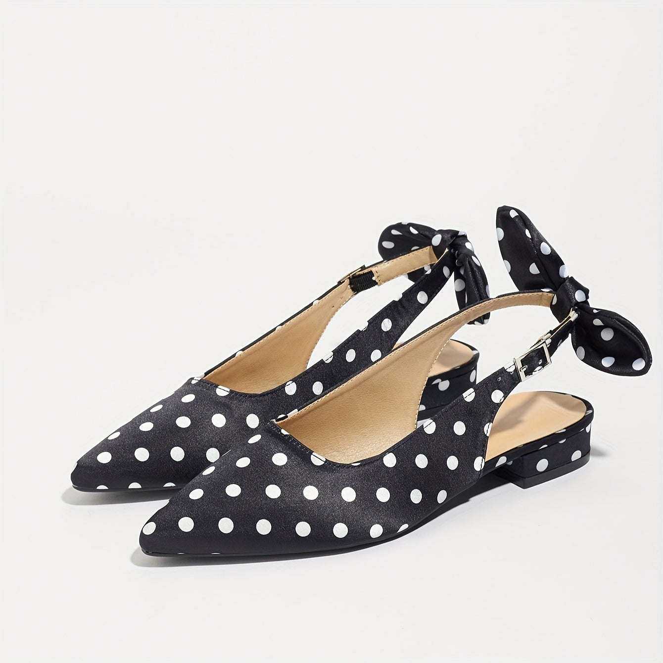 Women's Retro Polka Dot Mary Jane Shoes Black White Pointed Toe Block Heel