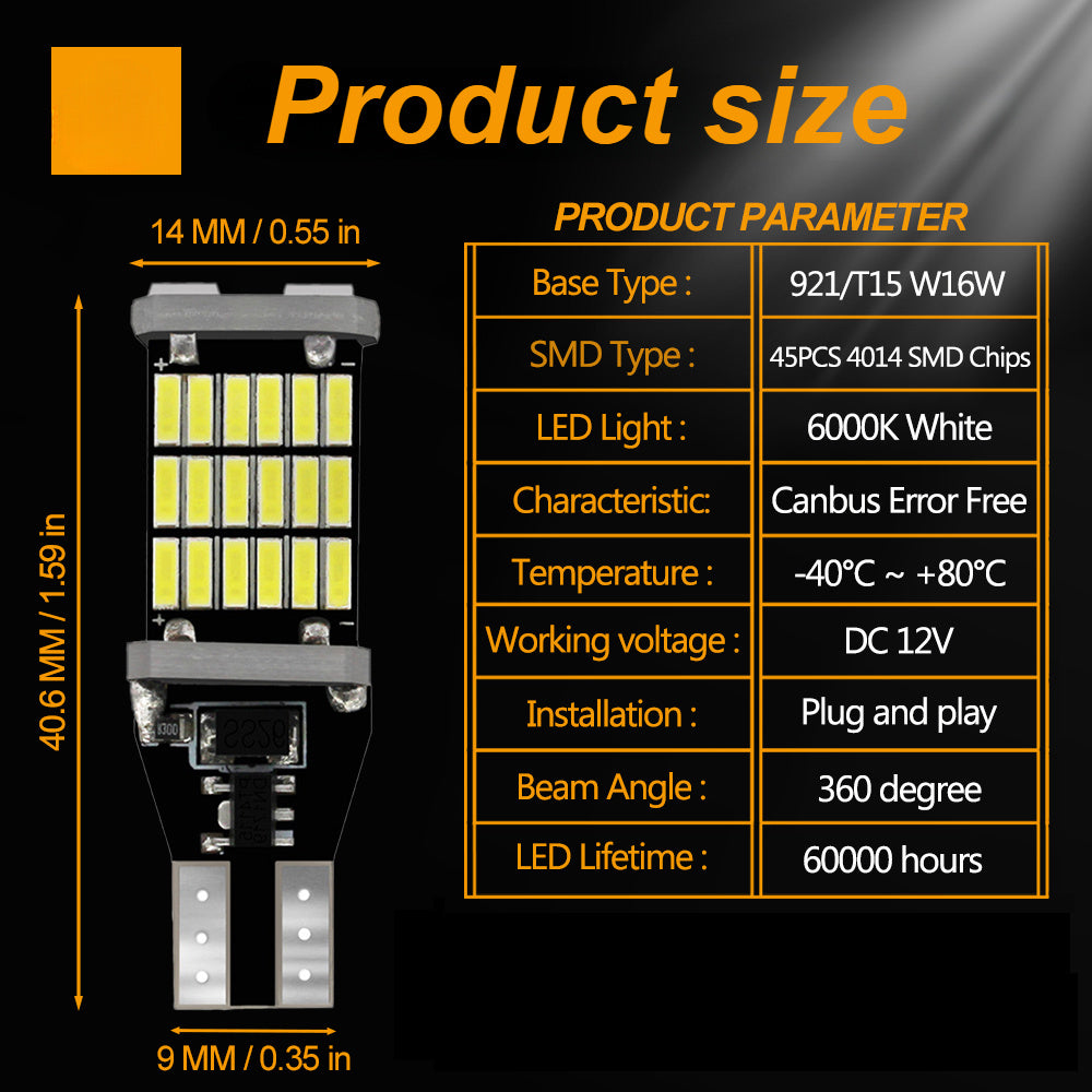 2Pcs T15 W16W 921 912 Car LED Turn Signal Bulb White 12V Backup Parking