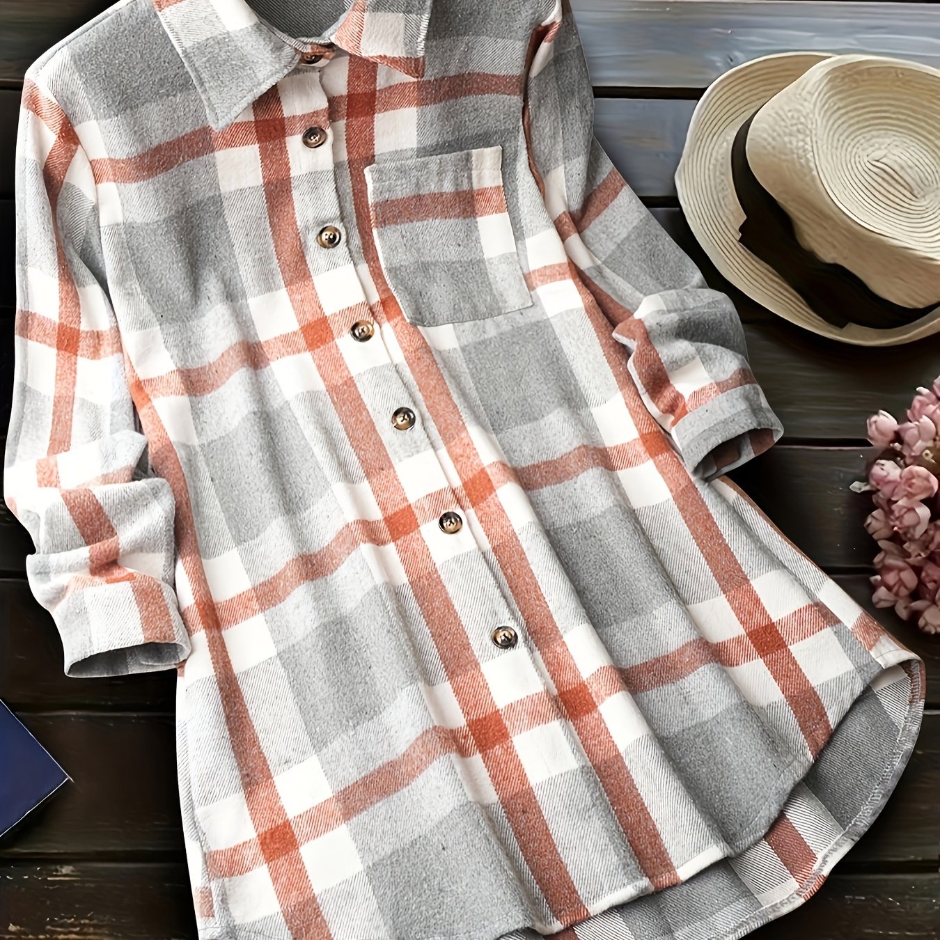 Блузка для женщин больших размеров в повседневном стиле с клетчатым принтом коричневого и белого цветов, с длинными рукавами, на пуговицах, для всех сезонов