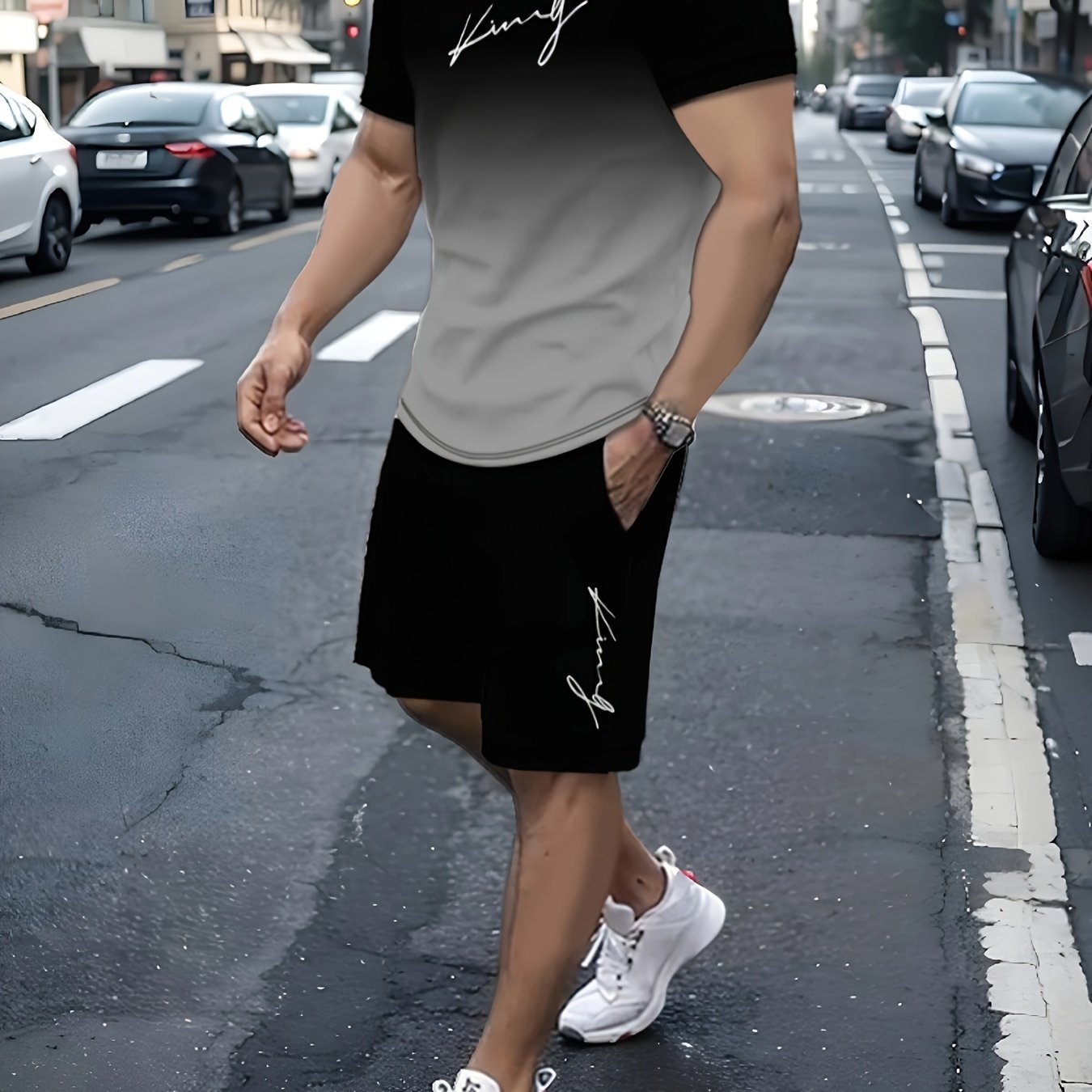 Men's Two-Piece Athletic Outfit Summer Casual T-Shirt and Shorts Polyester Stretch Printed