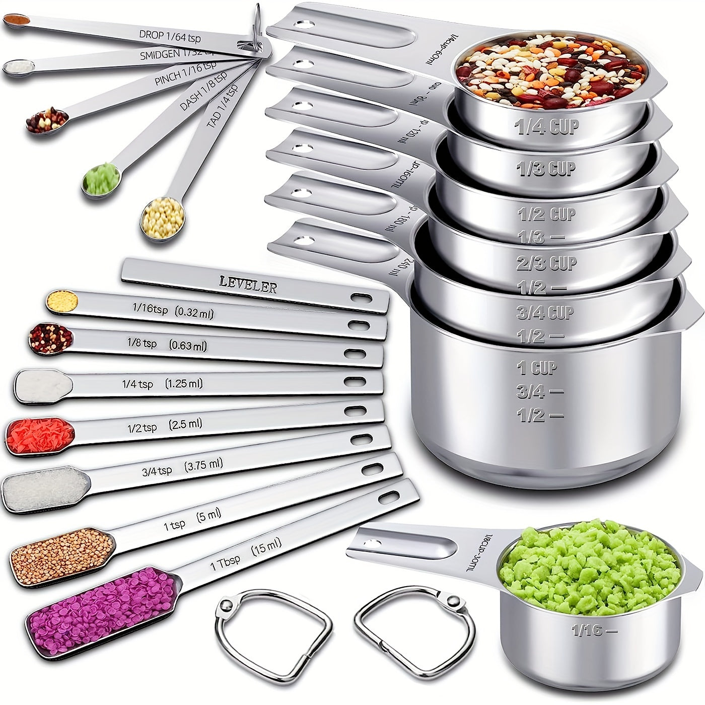 Set of 20 Kitchen Measuring Cups and Spoons Stainless Steel Nesting Baking Tools
