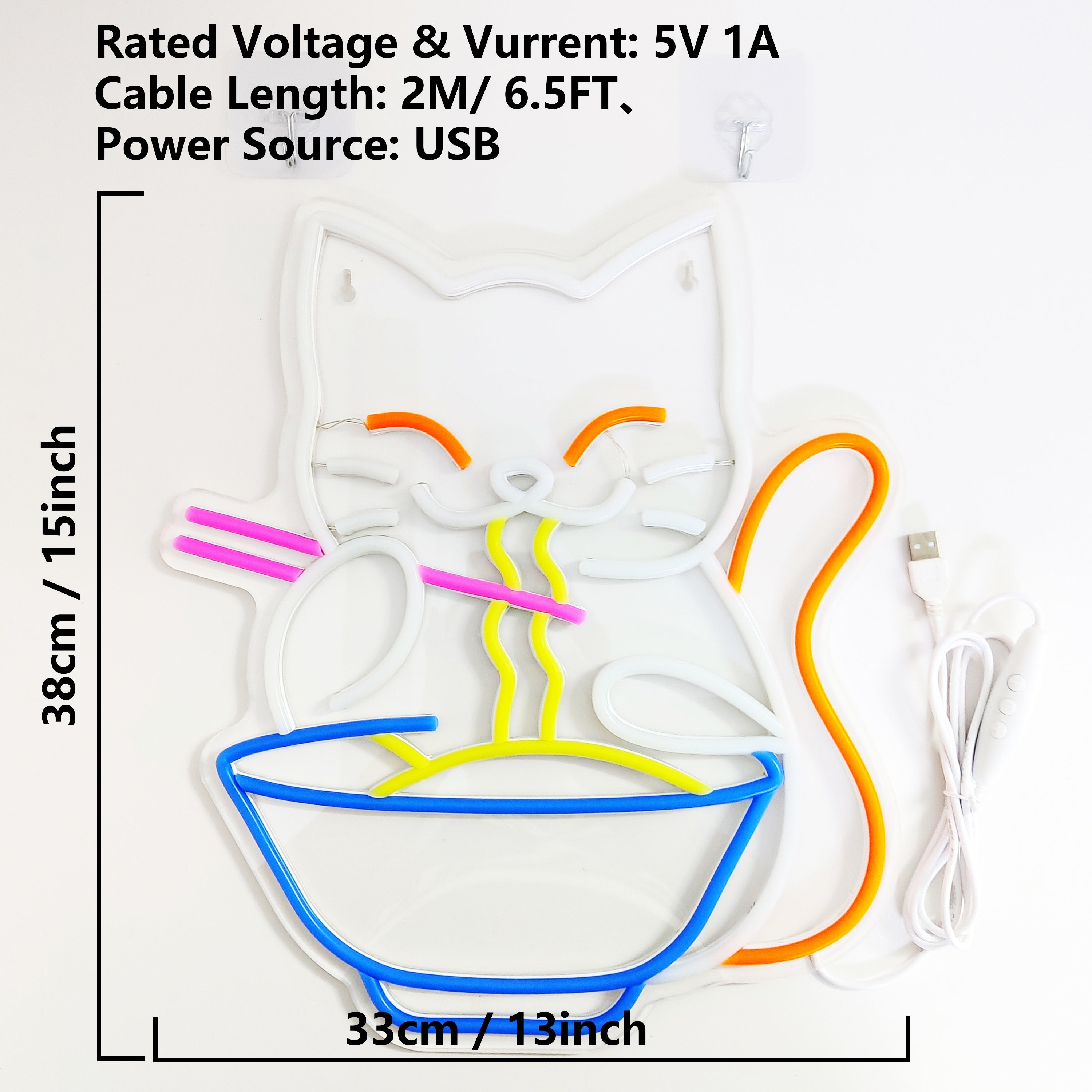 Neon Sign Japanese Lucky Cat Eating Ramen USB Powered Home Decor