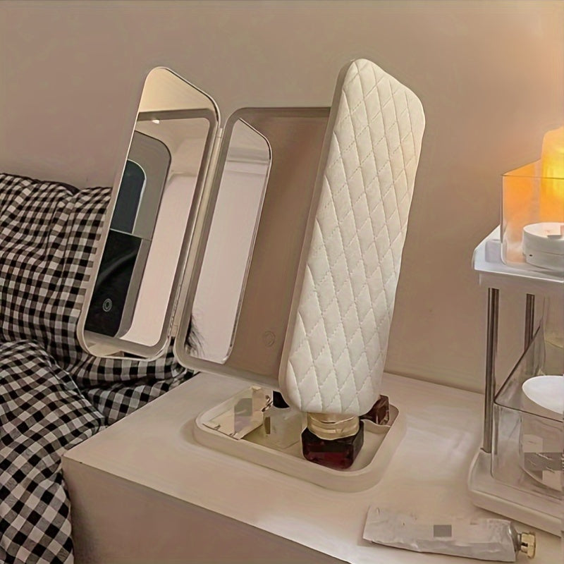 LED Vanity Mirror with Leatherette Stand Rechargeable Battery Smart Touch Foldable Cartoon Theme