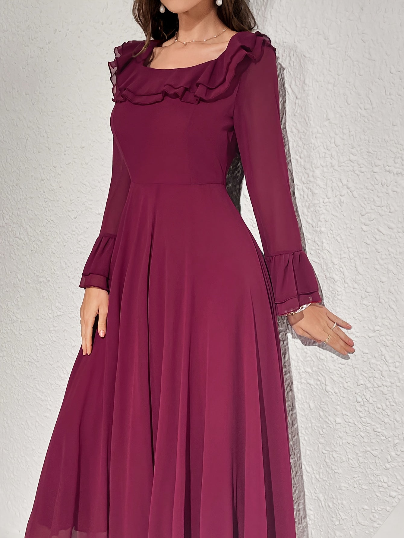Women's Long Sleeve Polyester Dress with Ruffled Neckline for All Seasons