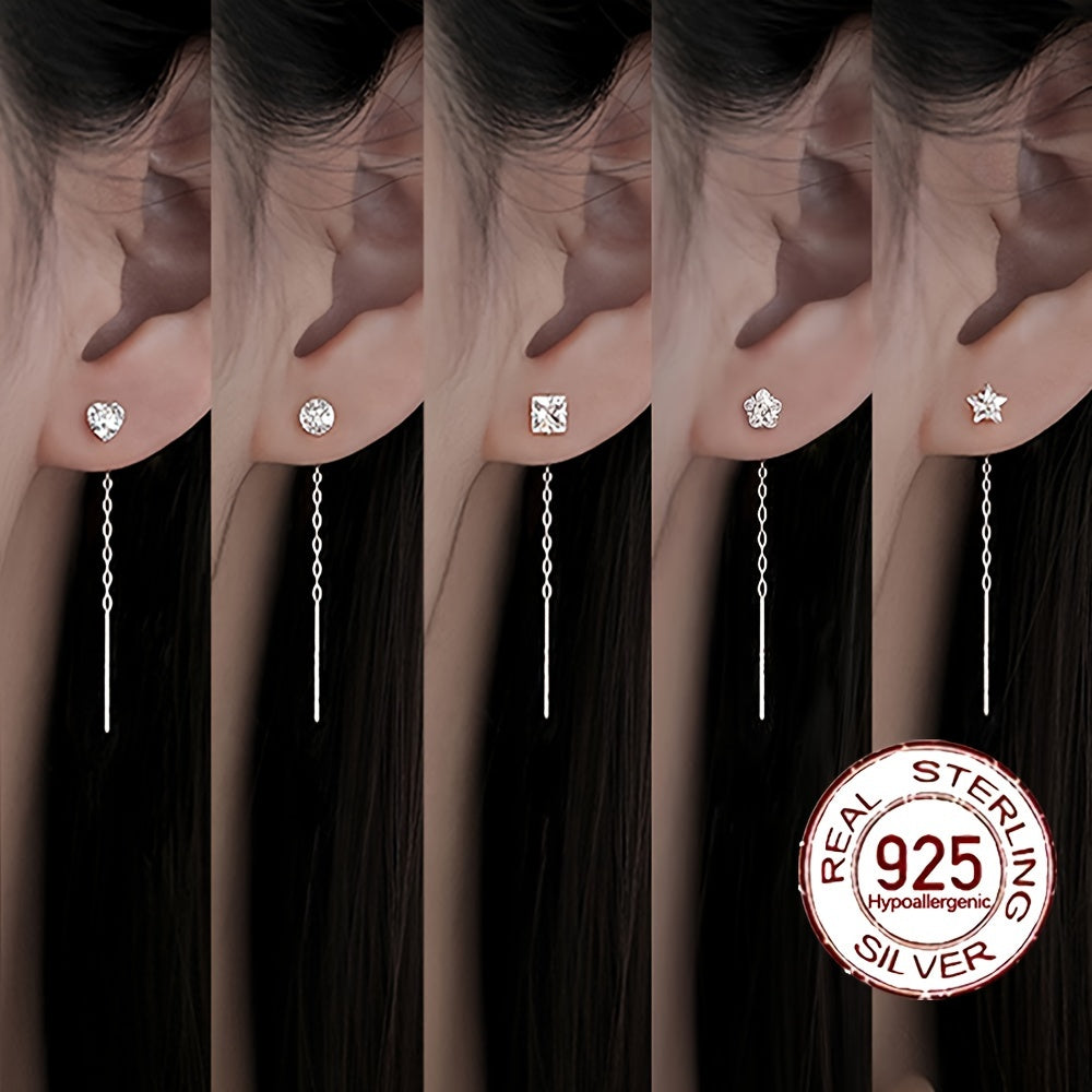 Sterling Silver Hypoallergenic Cube Earrings with Zirconia Dangle Chain Design