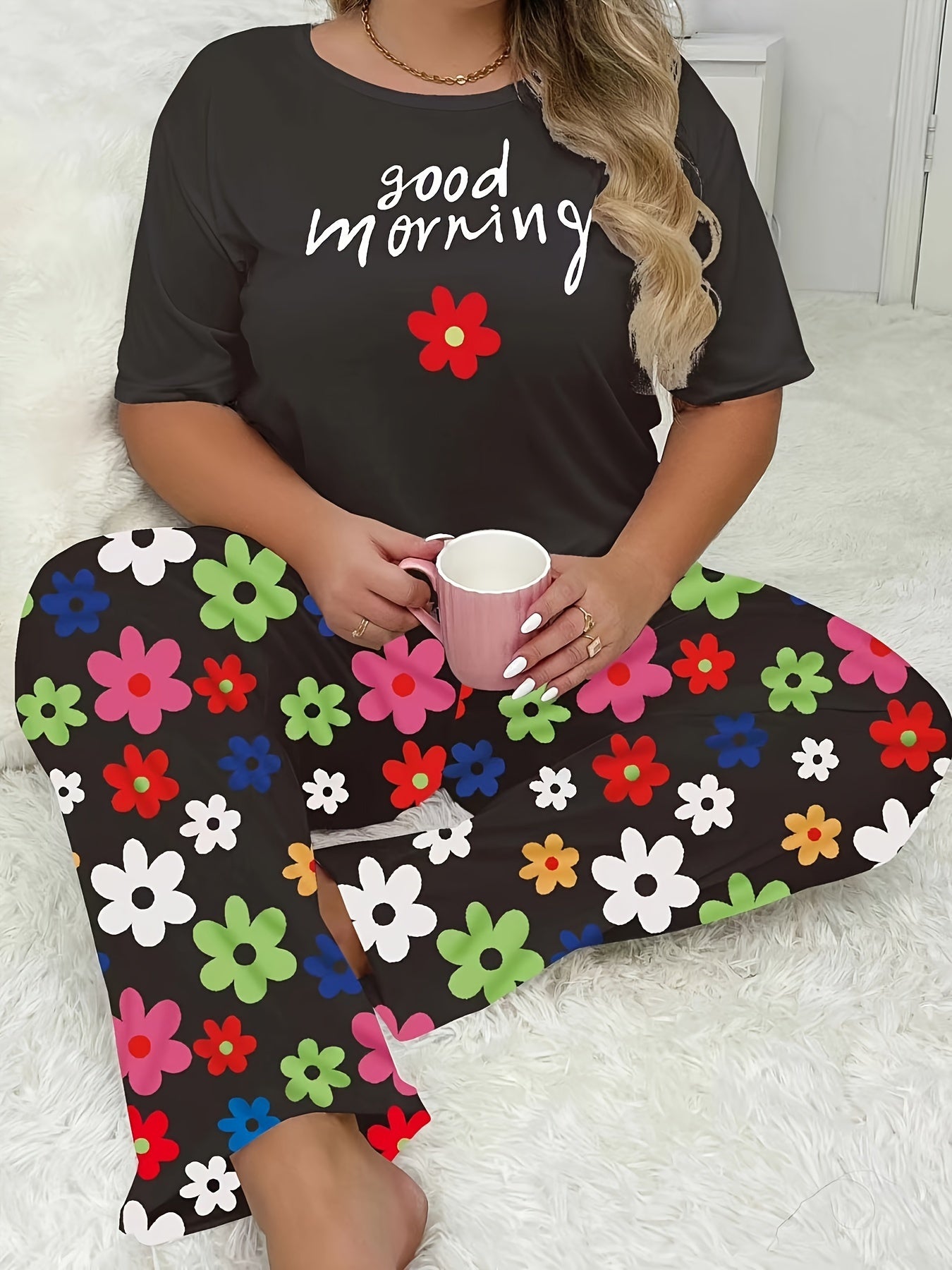 Женский комплект пижамы больших размеров с цветочным принтом, топы с коротким рукавом и брюки для отдыха