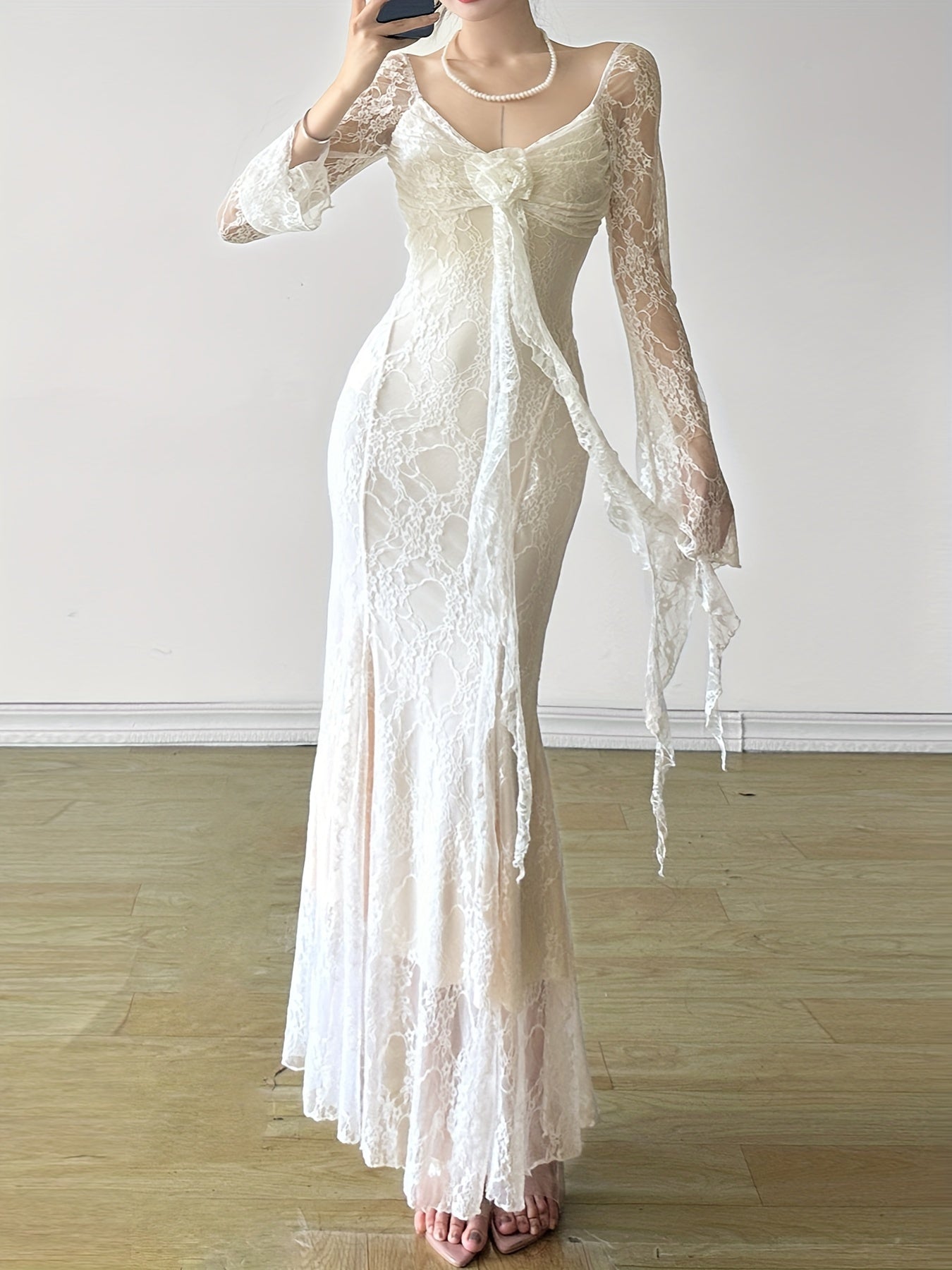 Vestido ajustado de encaje con volantes y color sólido para adultos, con escote cuadrado