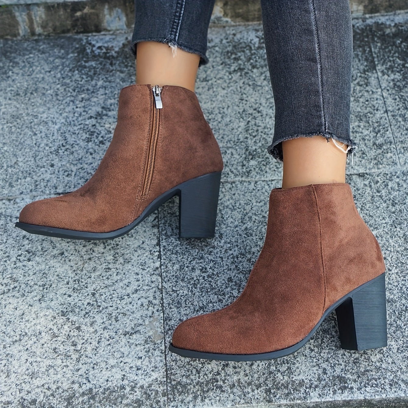 Women's Fabric Ankle Boots Side Zipper Round Toe Block Heel Solid Color