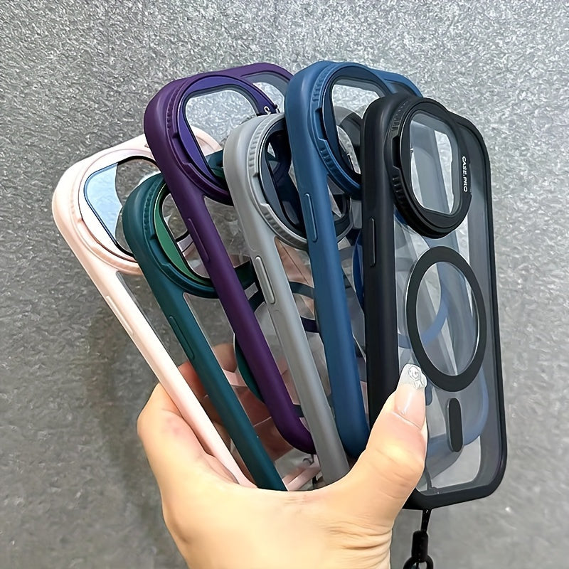 Shockproof Transparent Phone Case with Magnetic Folding Glass Frame and Lanyard for iPhone 16 15 14 Pro Max