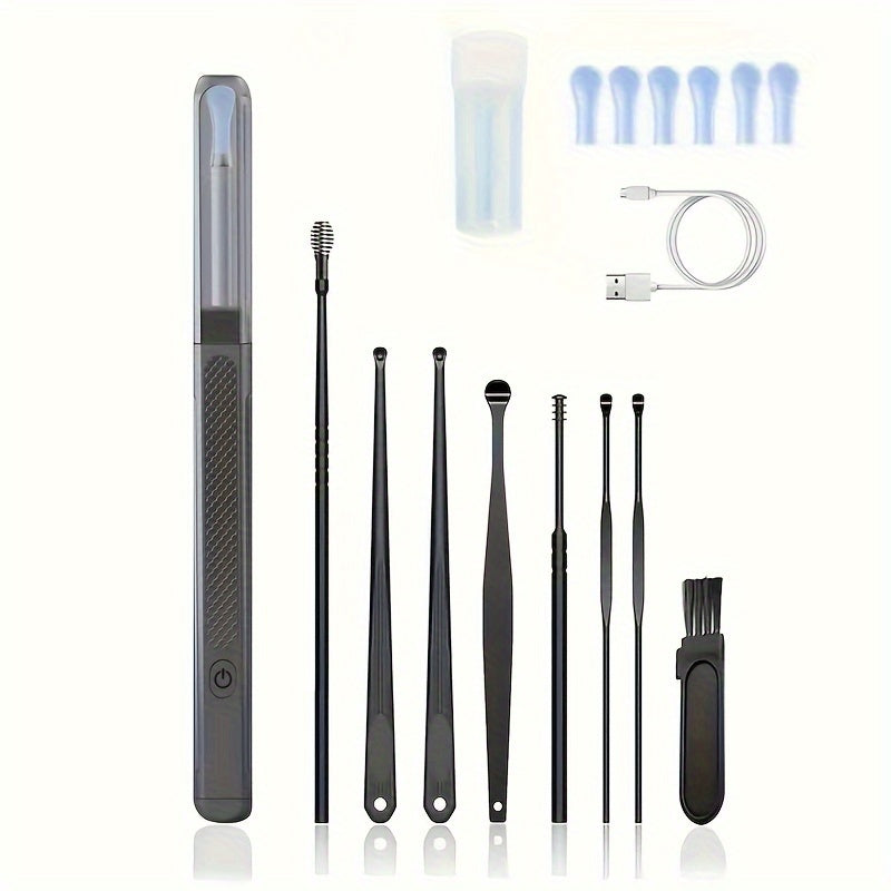 Kamerali yoritilgan quloq qopqog'ini tozalash vositasi, 6 ta silikon quloq qoshiqni o'z ichiga olgan 8 dona to'plam, qayta zaryadlanadigan litiy batareya, USB zaryadlash, 130mAh, zamonaviy quloq qopqog'ini olib tashlash aksessuar.