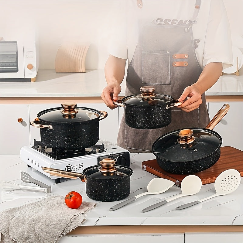Juego de utensilios de cocina de acero inoxidable de 12 piezas con ollas antiadherentes y mangos dorados