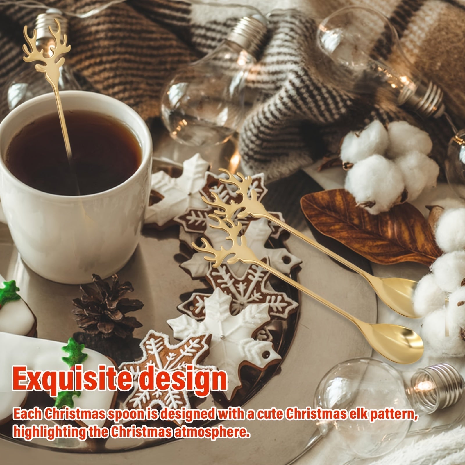 Set of 6 Festive Holiday Reindeer Stainless Steel Coffee Spoons for Espresso Tea