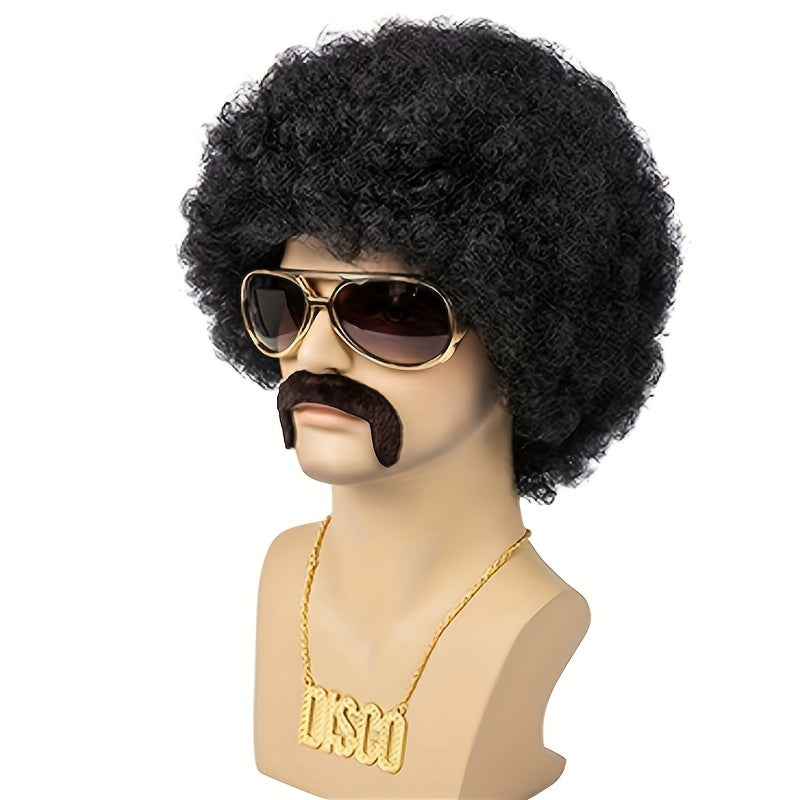 Set of 5 African Men Wigs Disco Natural Short Black Curly Synthetic with Accessories