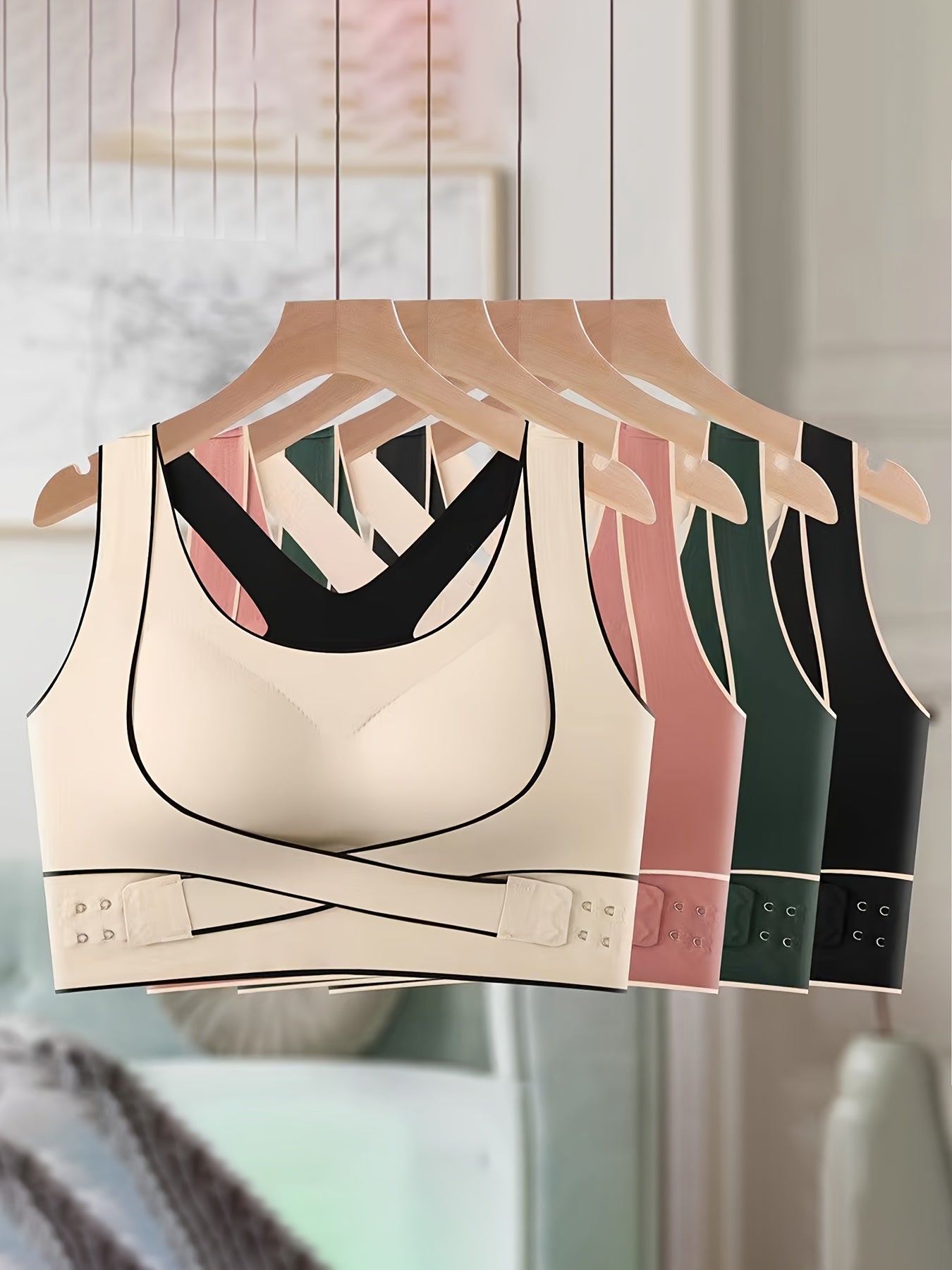 Women's Sports Bras Pack of 4 Front-Closure Yoga Running Bras with Attractive Back Design