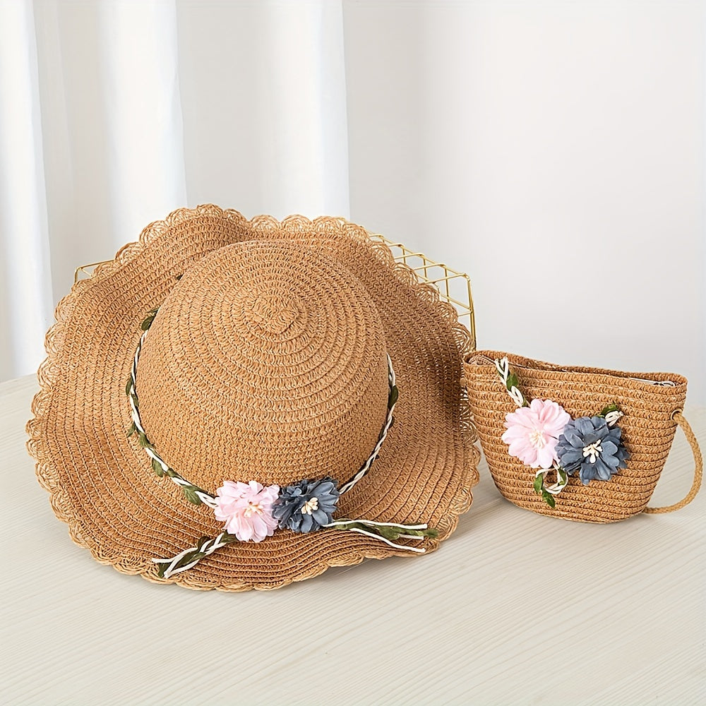 Girls' Straw Hat Set with Flower Decoration and UV Protection for Summer Beach Vacation