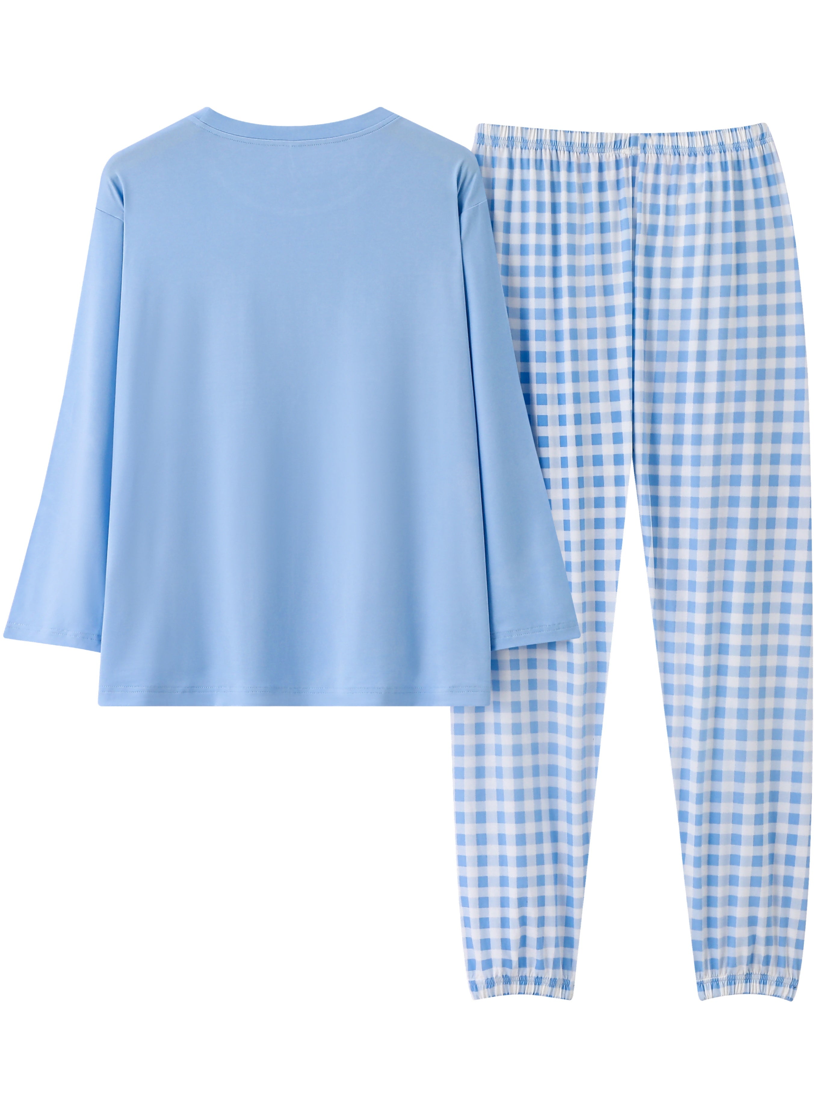 Women's Plus Size Casual Pajama Set with Long Sleeve Tee and Plaid Pants for Comfort Loungewear