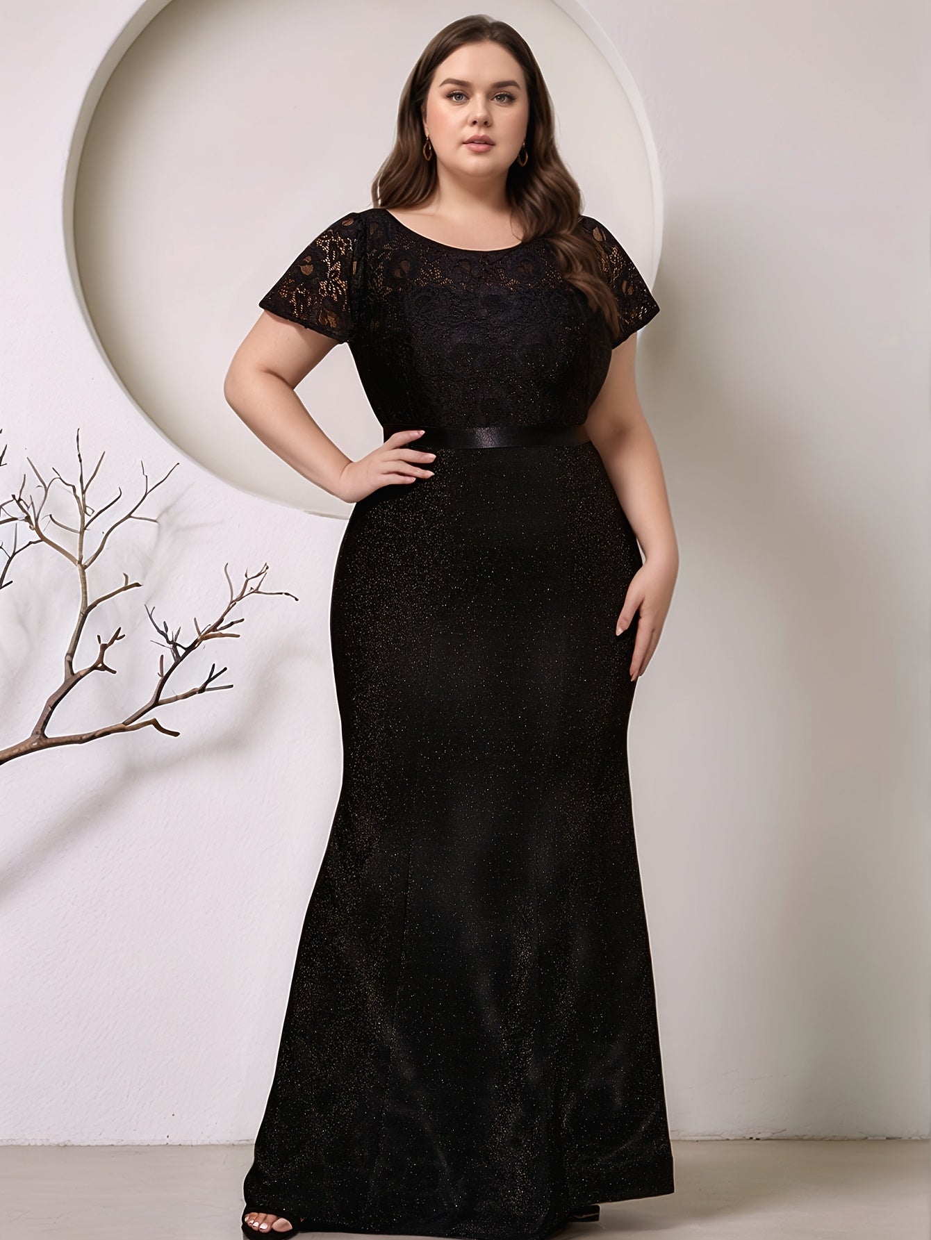Plus Size Black Mermaid Maxi Dress Glittery Party Wedding Gown