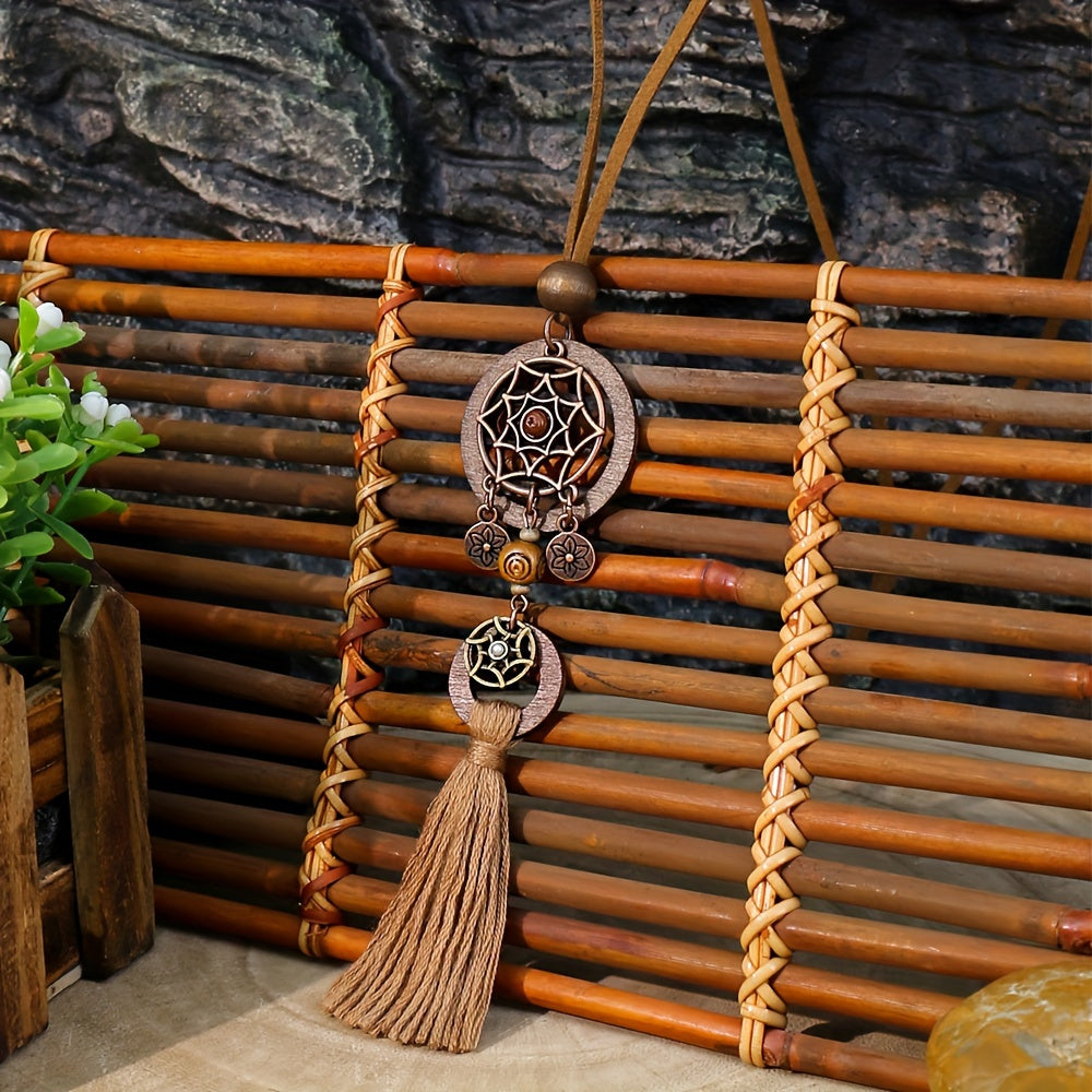 Women's Boho Pendant Necklace with Dark Brown Wooden Tassel and Zinc Alloy Material