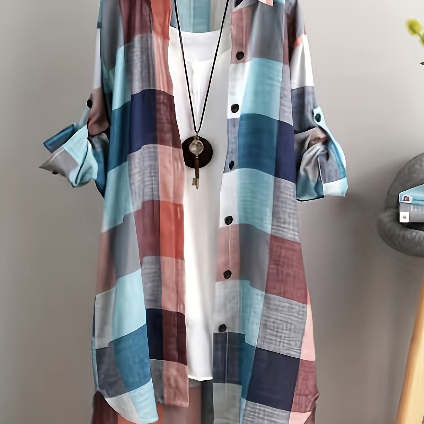 Plus Size Women’s Plaid Shirt Blouse Lightweight Semi-Sheer Button-Up Casual Top