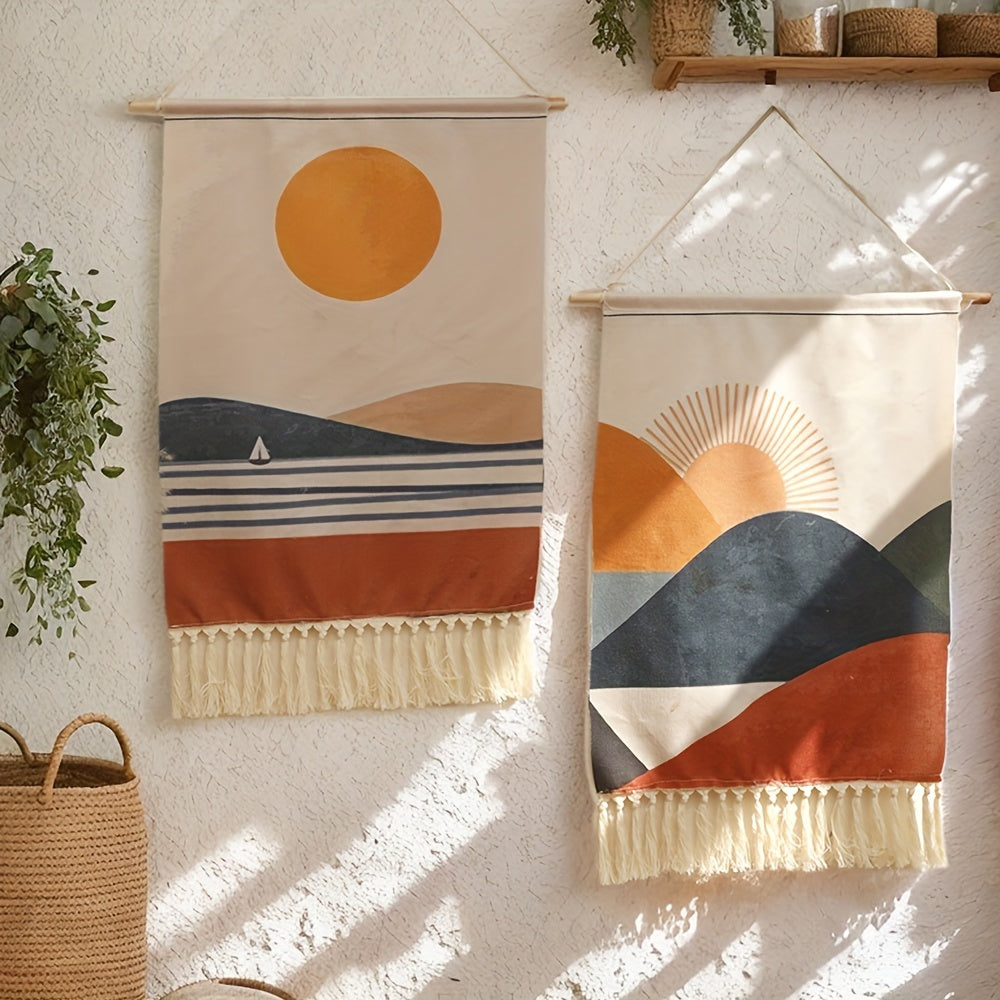 Bohemian Linen Wall Tapestry with Fringe Border Sun and Sailboat Design for Living Room or Bedroom