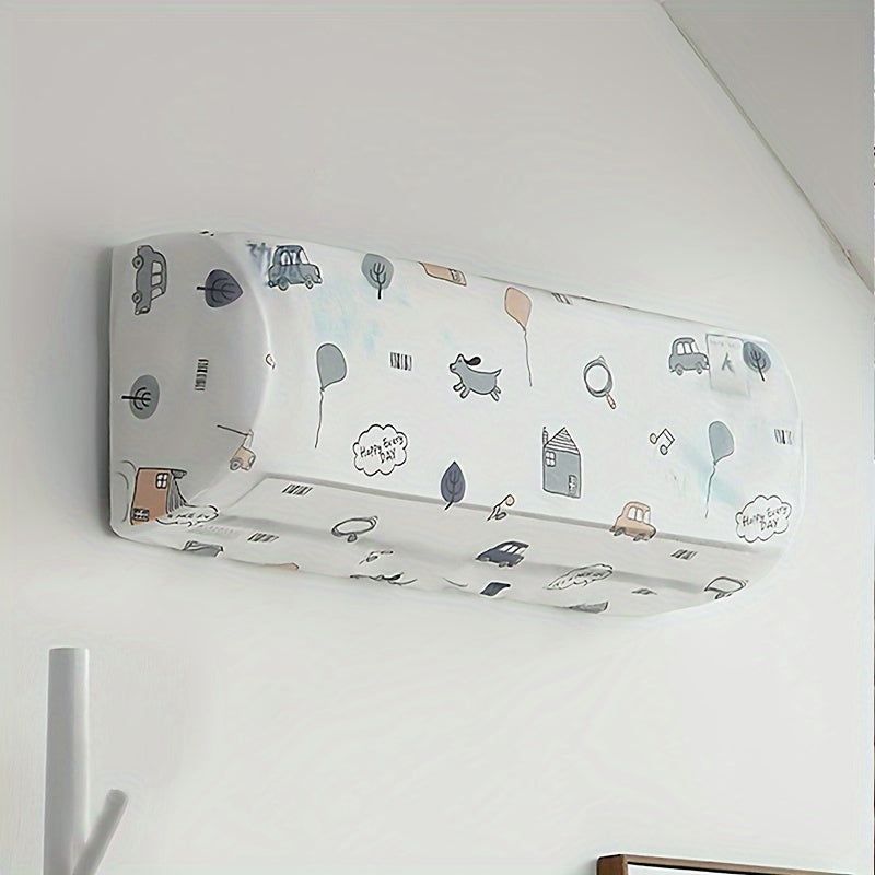 White PVC Wall-Mounted AC Dust Cover with Whimsical Illustrations