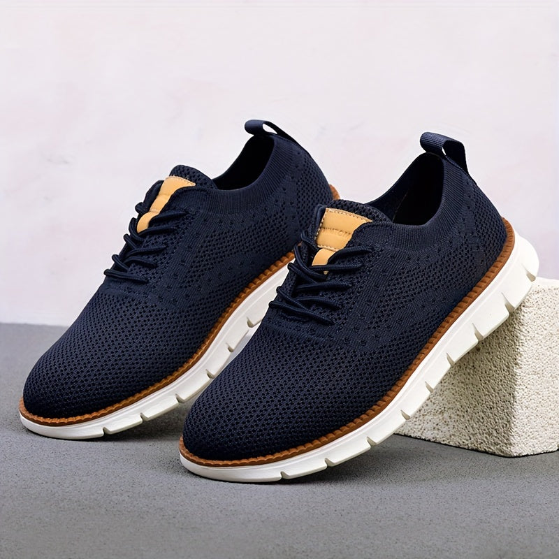 Men's Breathable Knit Business Casual Shoes Beige Brown Leather Upper EVA Sole Round Toe All-Season