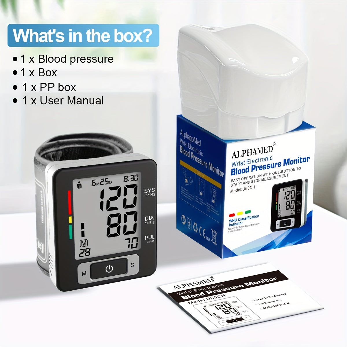 Portable Digital Wrist Blood Pressure Monitor with Large LCD Display Adjustable Strap White