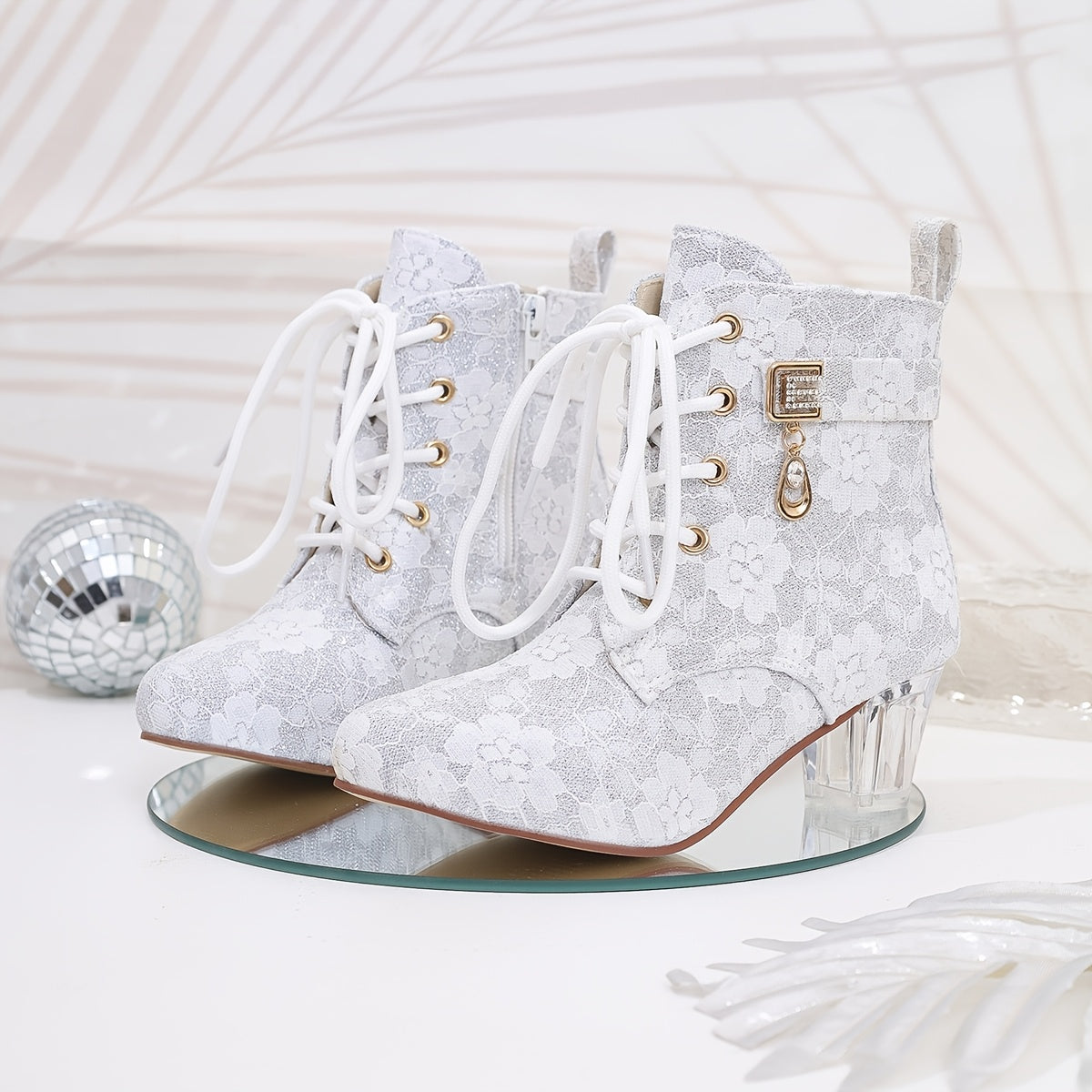 Women's Floral Lace-Up Chunky Mid-Heel Ankle Boots with Pointed Toe