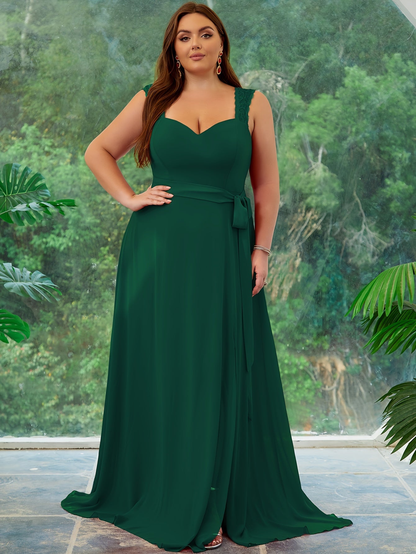 Plus Size Women Lace Evening Prom Dress Formal Gown with High Slit