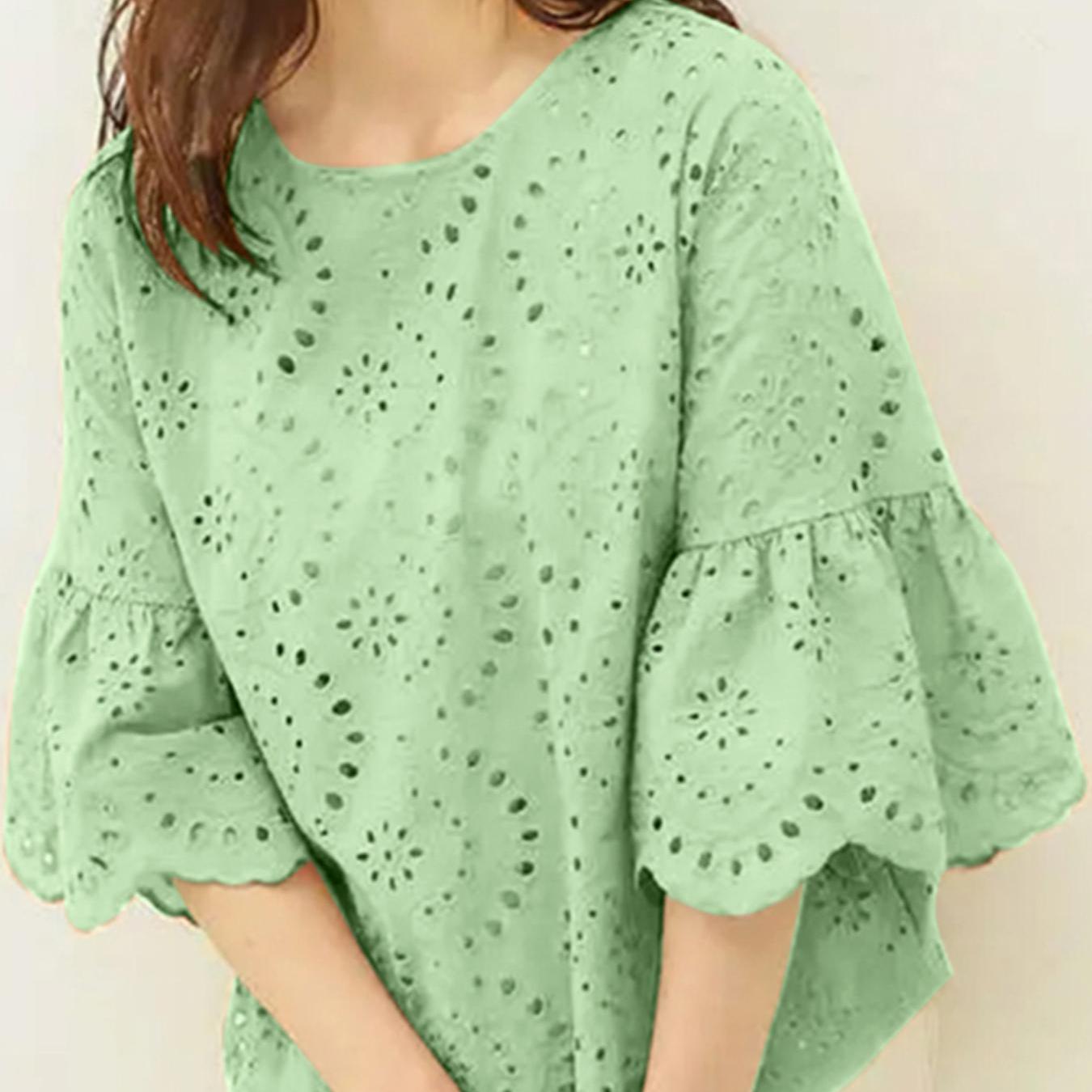 Plus Size Women's Casual Cotton Blouse with Eyelet Embroidery and Flared Sleeves