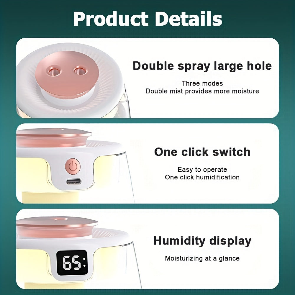Gran humidificador ultrasónico de aromaterapia con alimentación USB, operación silenciosa, doble modo de pulverización, pantalla de humedad, luz nocturna cálida para hogar y oficina