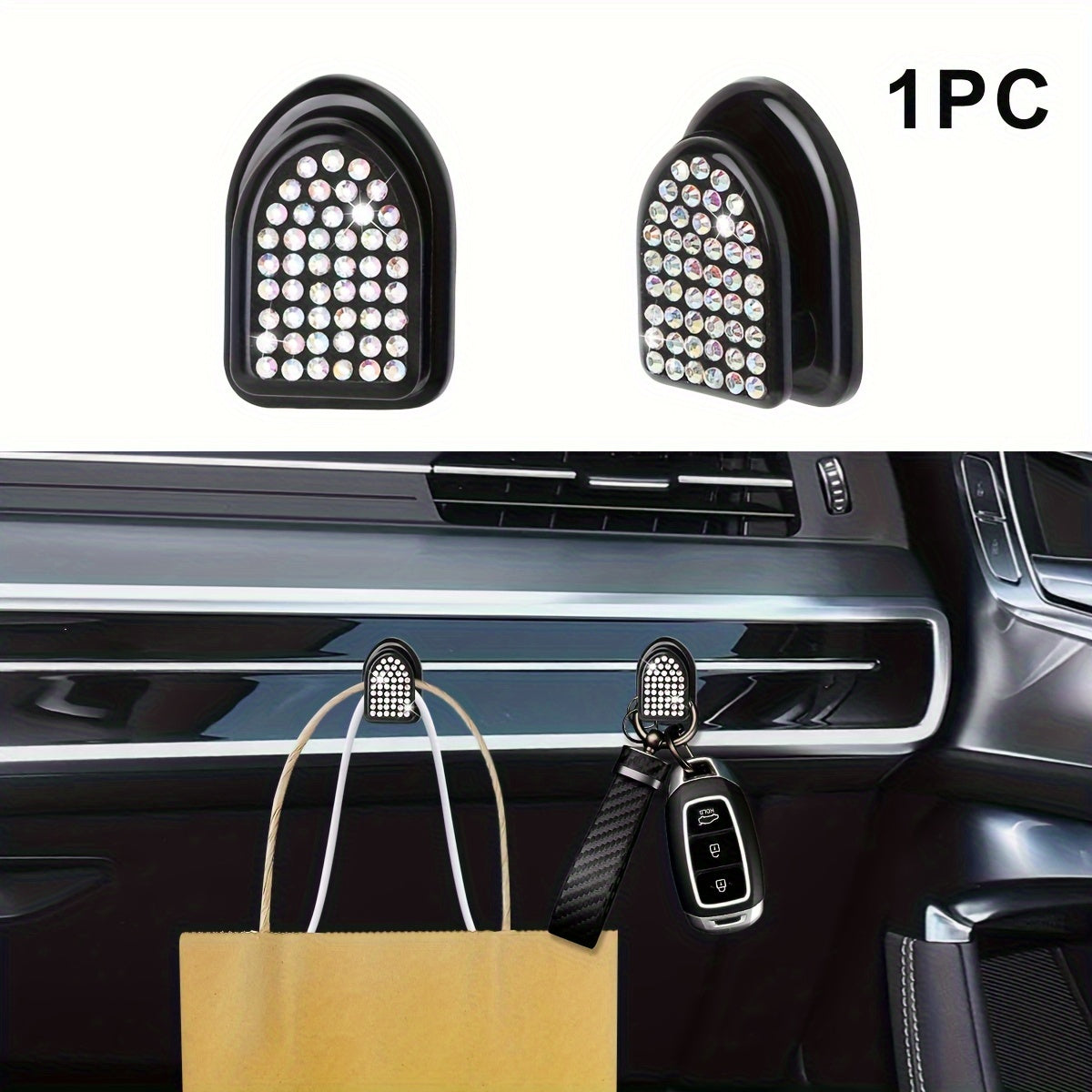 Car Interior Diamond-Embellished Hook Self-Adhesive Wall Mount Organizer