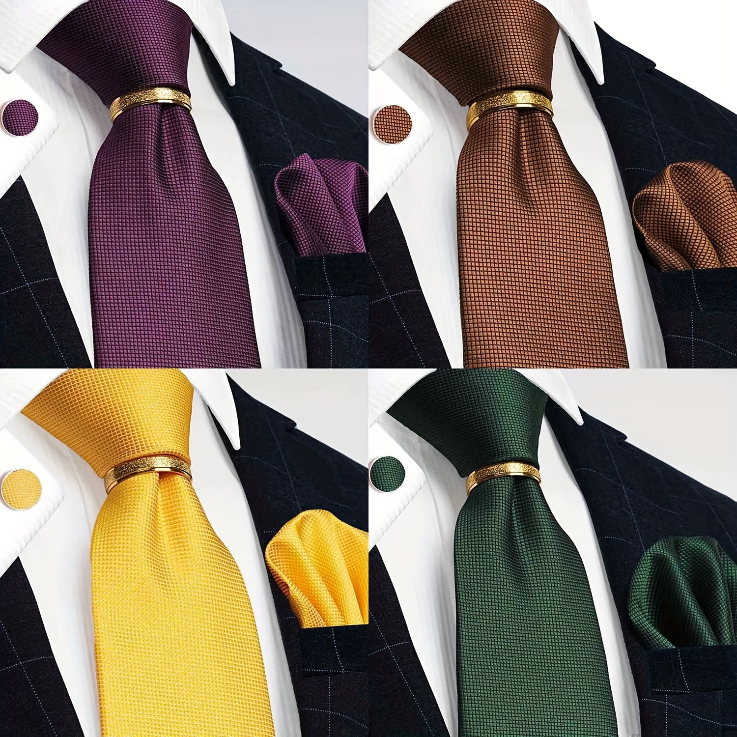 Men's 4-Piece Tie Set Necktie Pocket Square Cufflinks Gold Tie Clip for Weddings Groomsmen Business
