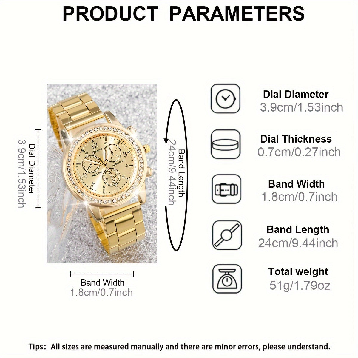 Women's Watch and Jewelry Set with Silver Watch and Gold Necklace and Earrings