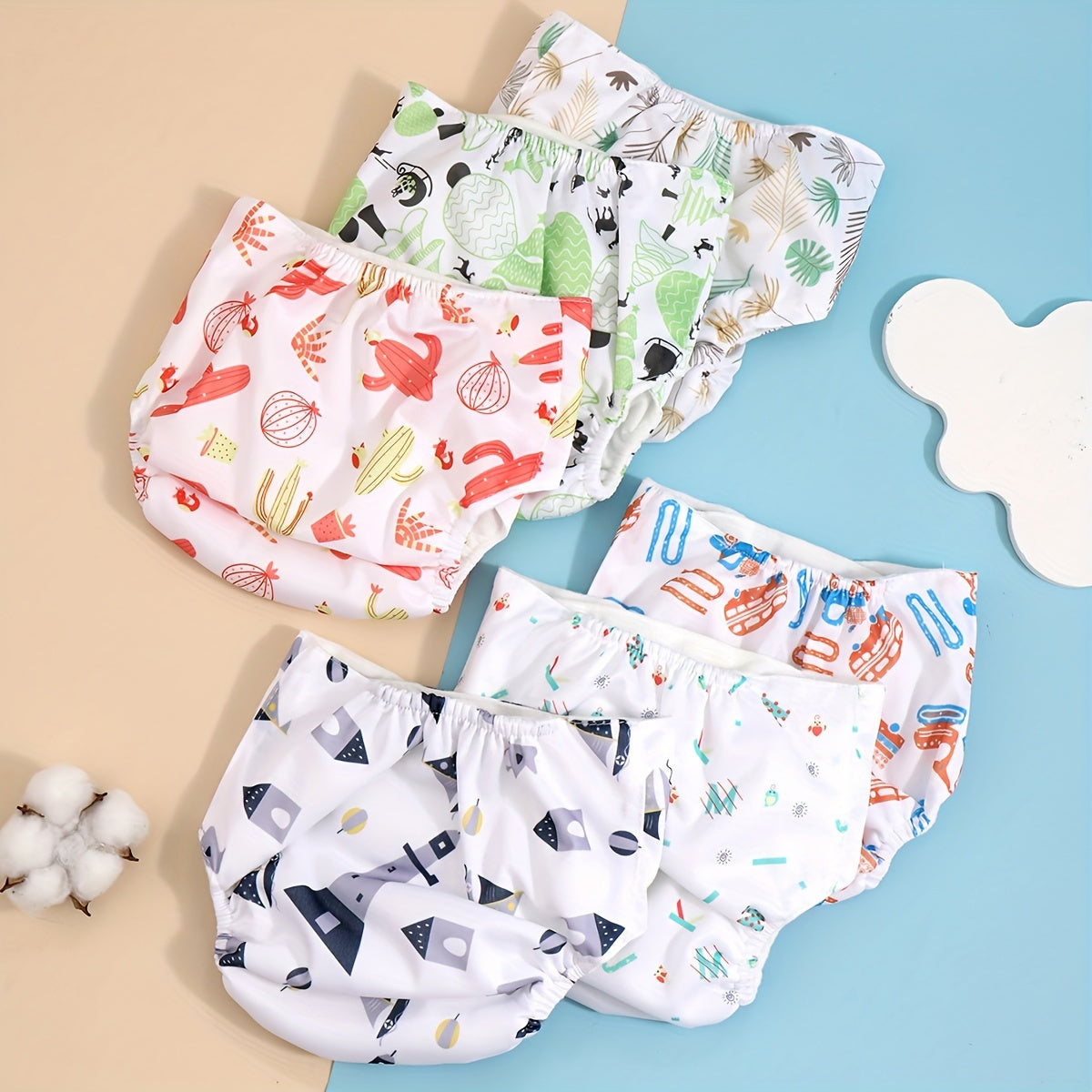 Набор из 3 мягких и впитывающих тканевых подгузников для детей - очаровательные принты, кнопочная застежка, водонепроницаемые тренировочные штаны для маленьких детей