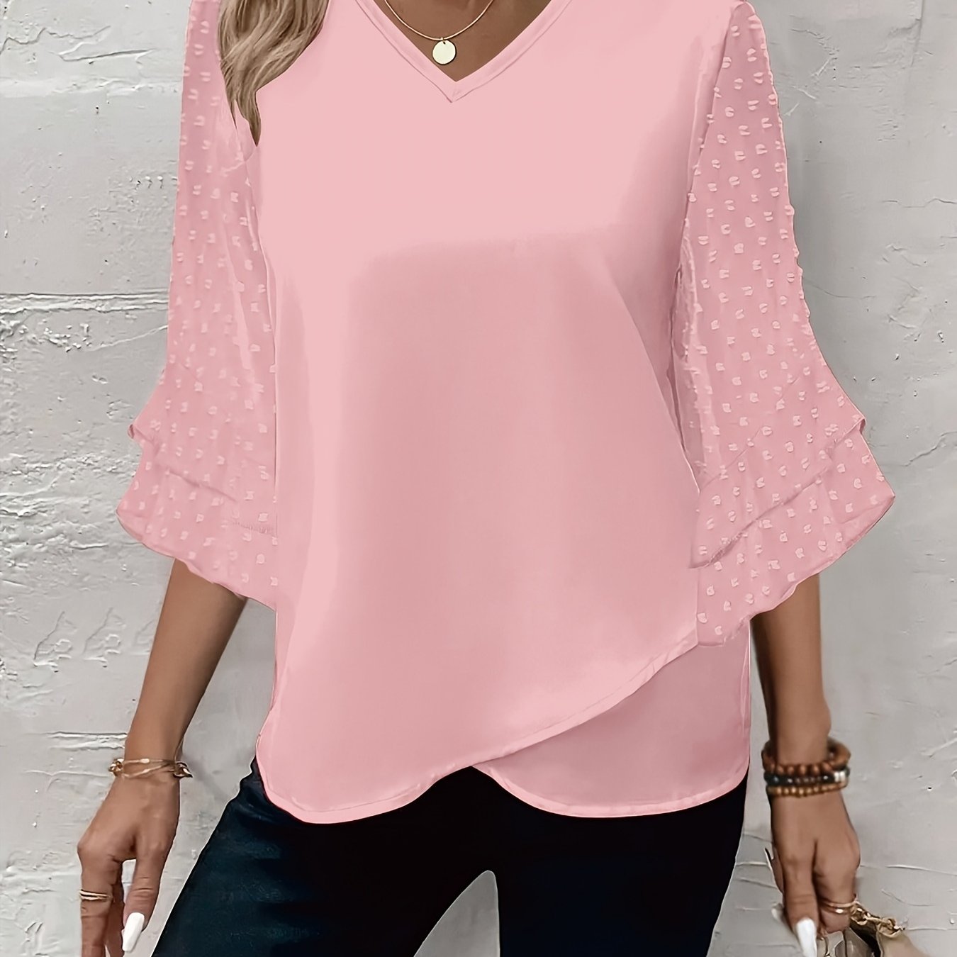 Plus Size Women's V-Neck Blouse with Ruffle Sleeves Solid Color Lightweight Polyester