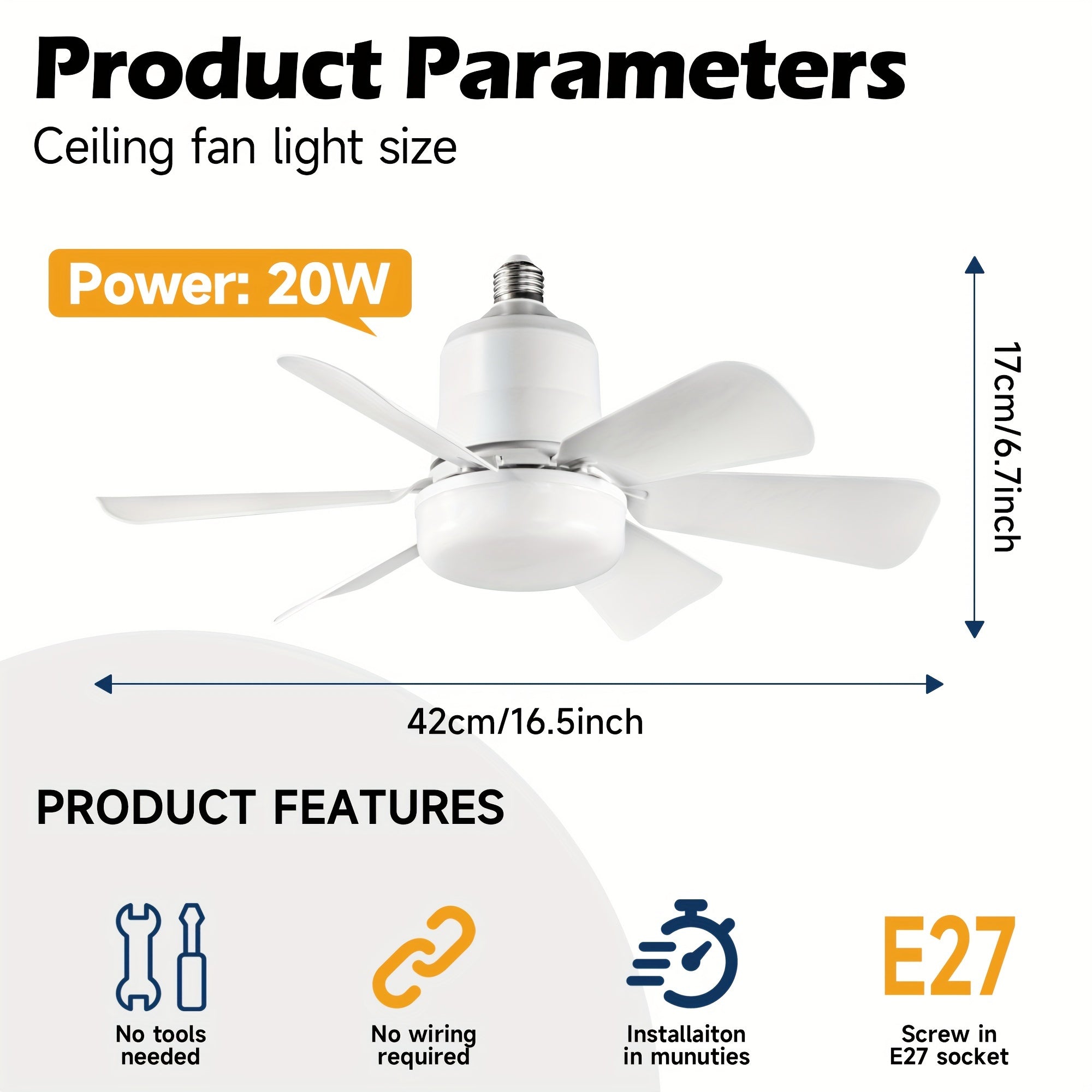 Ceiling fan lights with remote control 3-speed adjustable fan color temperature for small rooms E27 socket