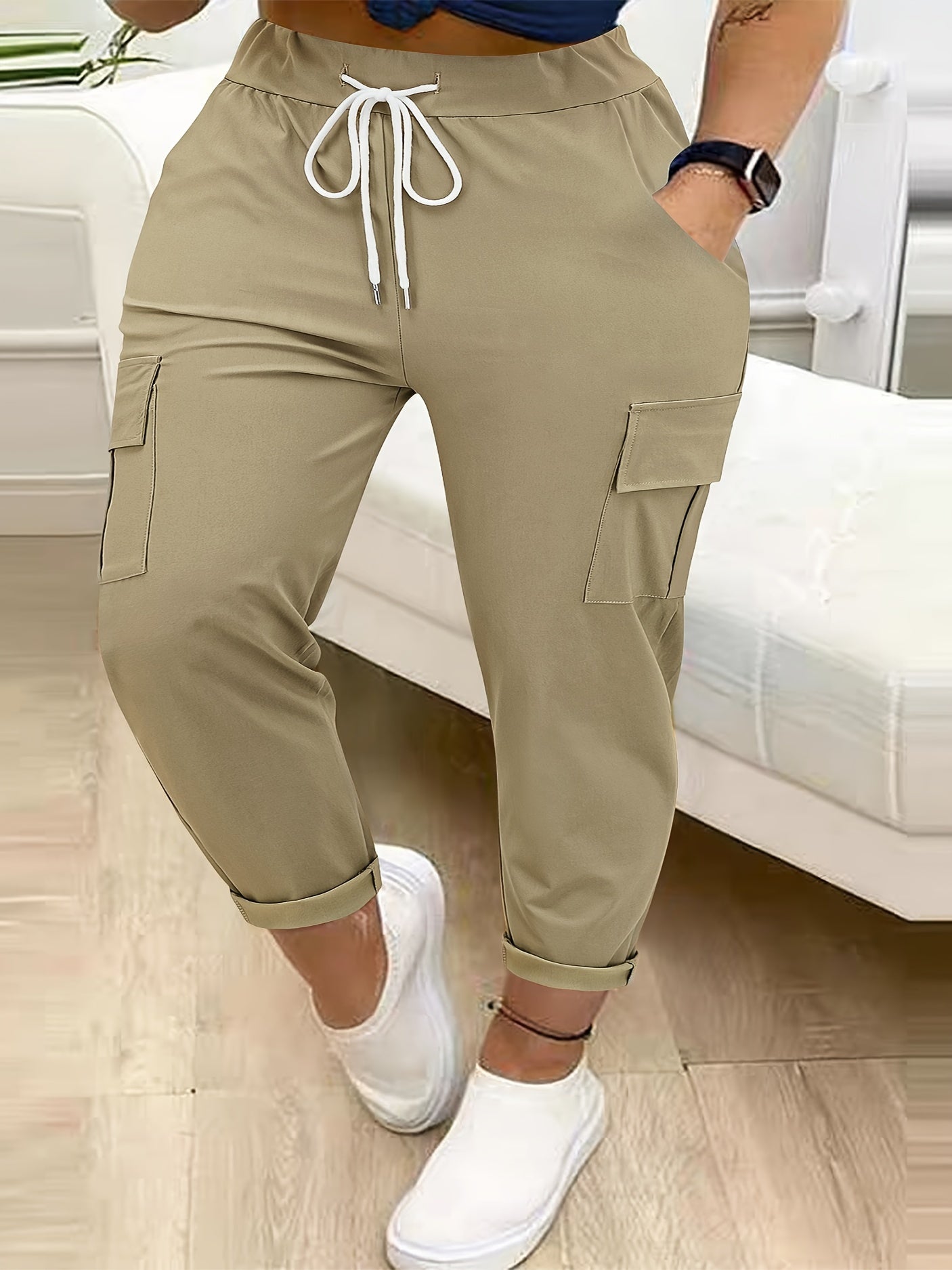 Plus Size Women Cargo Pants Polyester Blend Drawstring Waist All-Season