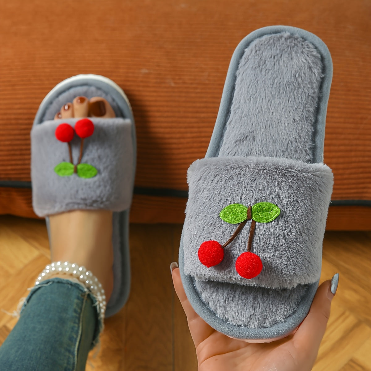 Women's Cherry Slip-On Indoor Slippers Soft Sole Lightweight Comfortable