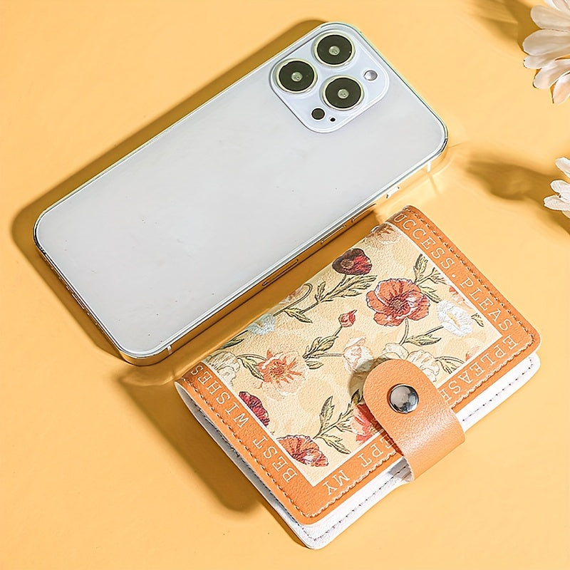 Sintetik charmli ayollar uchun hamyon, bir nechta karta joylari, tugmachali yopilish va yorqin atirgul dizayni bilan.