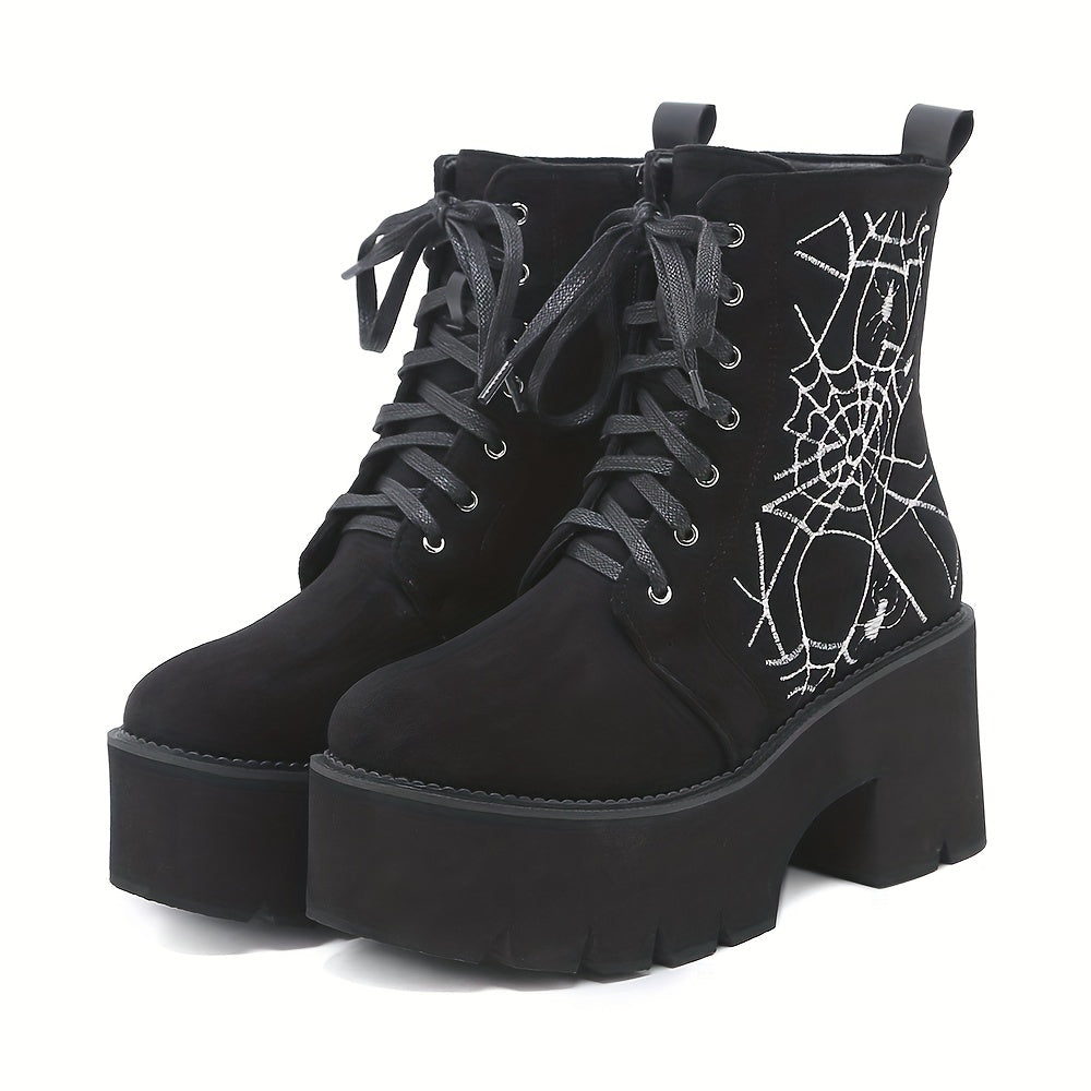 Women's Punk Style Spiderweb Embroidered Ankle Boots with Chunky Heel