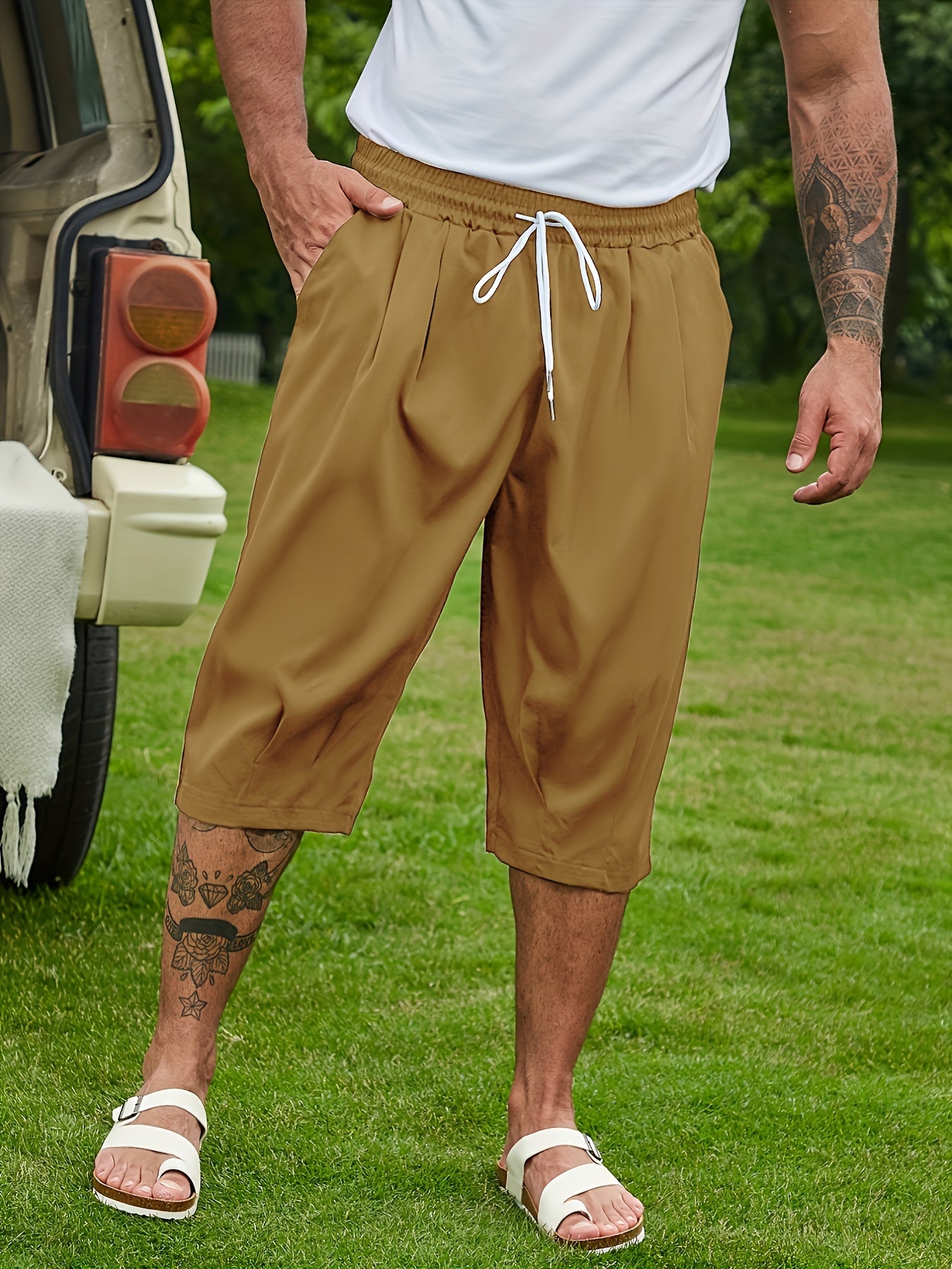 Plus Size Men's Breathable Solid Capri Pants Casual Summer Loose Fit