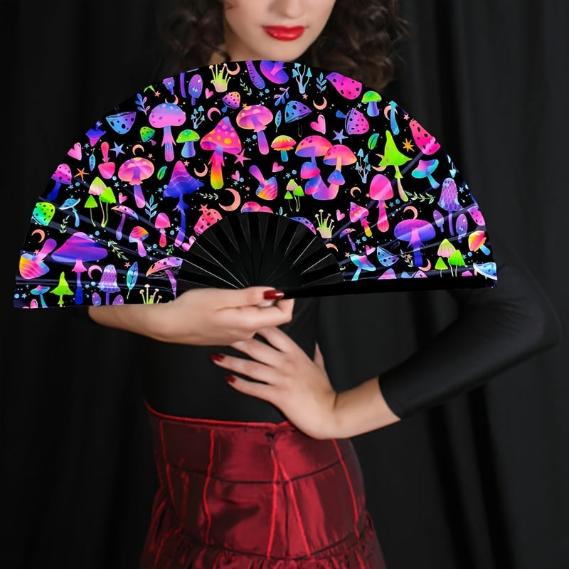 Bamboo Hand Fan with UV Glow Mushroom Design for Festivals and Raves